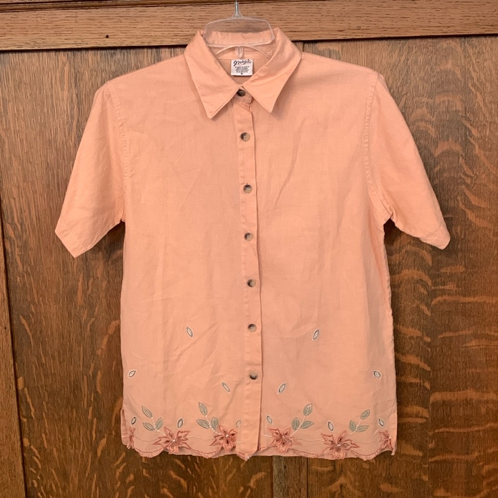 Magic embroidered linen cotton blend button down shirt small S